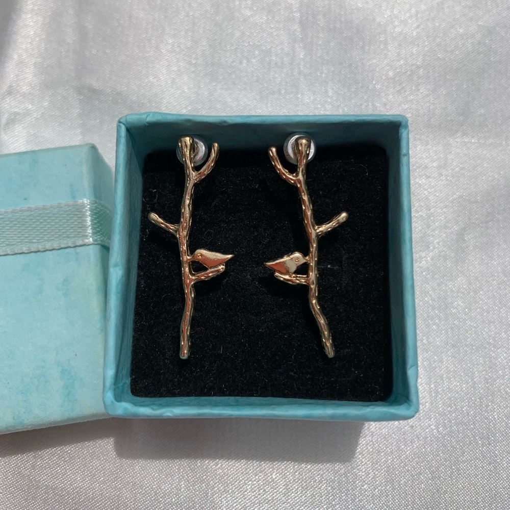 Gold Bird in Tree Pierced Earrings In box